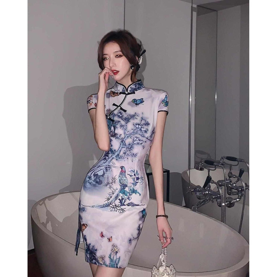 Women's Ink Floral Knitted Cheongsam Dress with 3/4 Sleeves