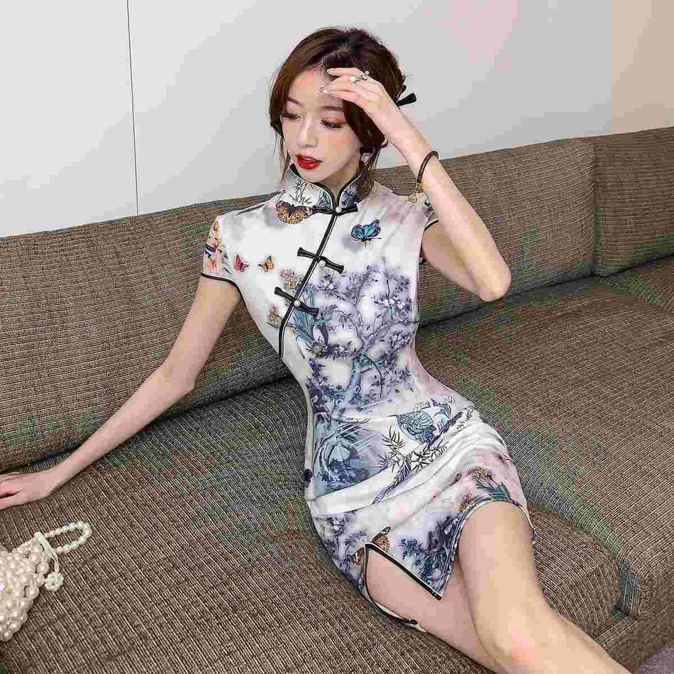 Women's Ink Floral Knitted Cheongsam Dress with 3/4 Sleeves