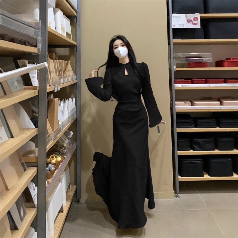 Women's Plus Size Cheongsam-Inspired Waist-Fit Midi Dress