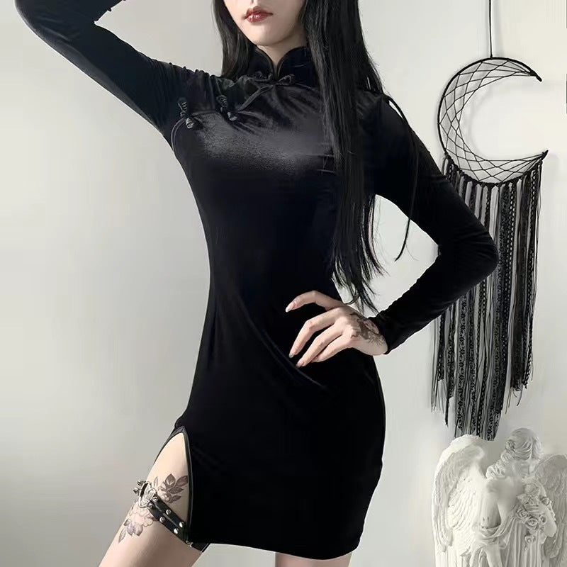 Women's Suede-Effect Cheongsam Dress with Buckle Detail