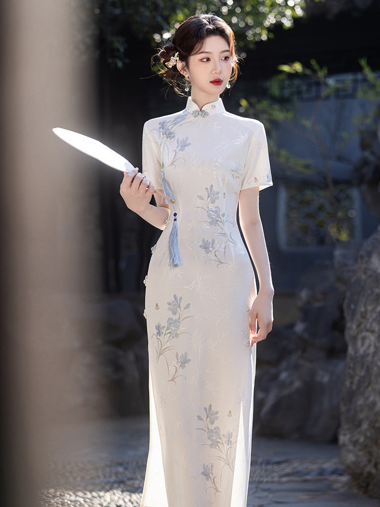 Women's Jacquard Long Cheongsam Dress with High Slit