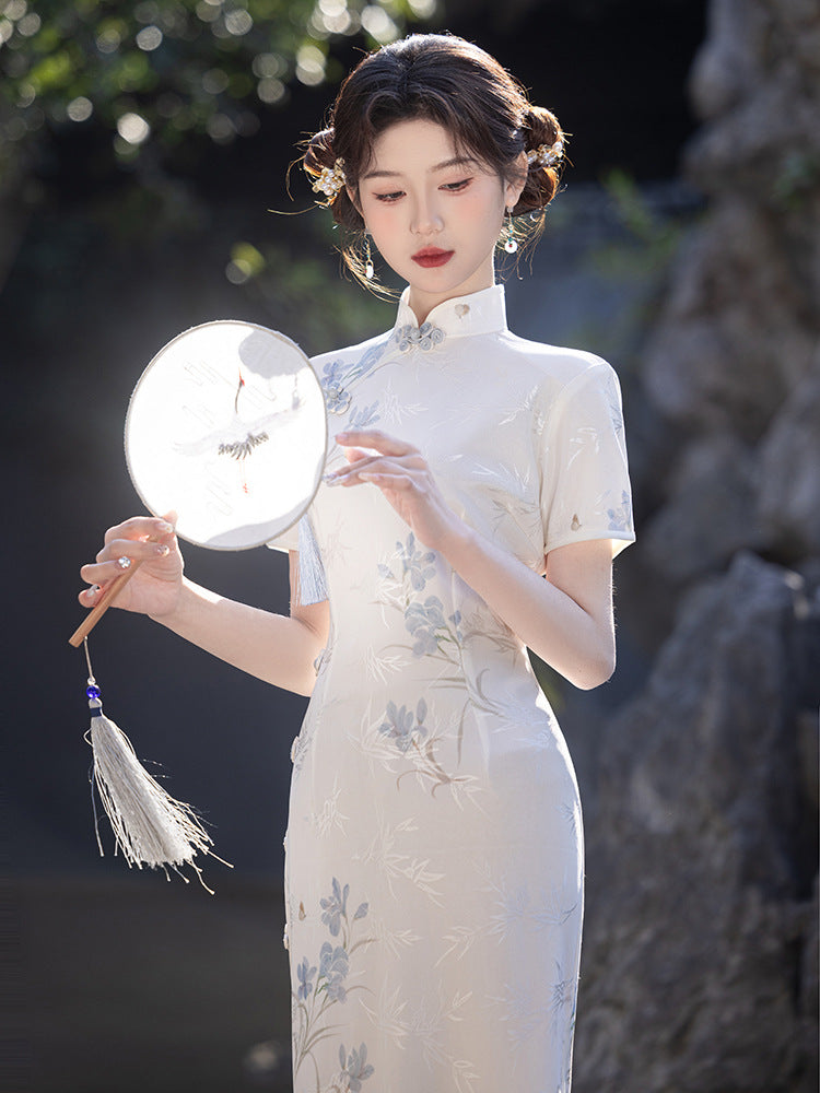 Women's Jacquard Long Cheongsam Dress with High Slit