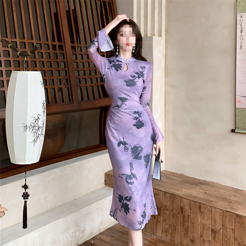 Women's Purple Printed Cheongsam Dress with Flared Sleeves