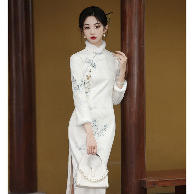 Women's Fleece-Lined Long Cheongsam Dress with Stand Collar