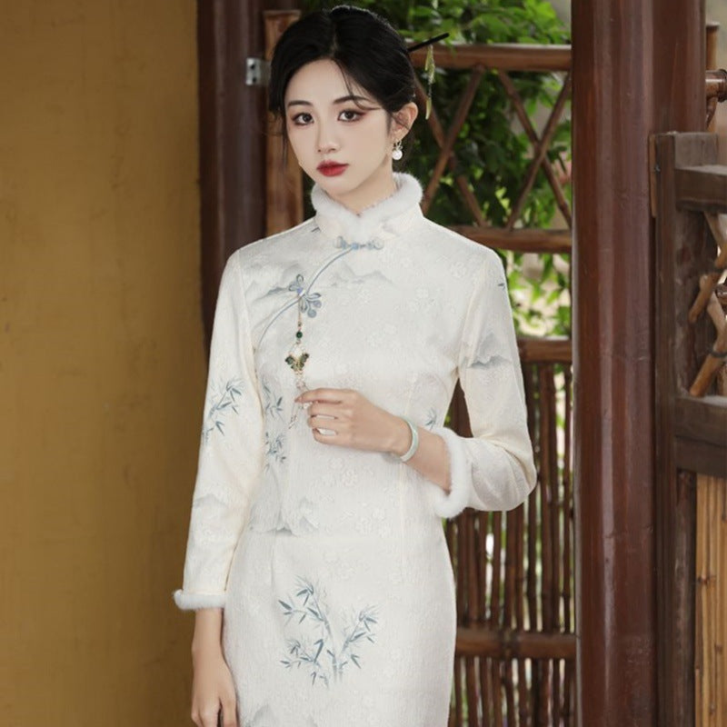 Women's Fleece-Lined Long Cheongsam Dress with Stand Collar