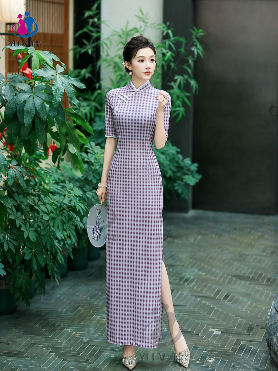 Women's Retro Long Cheongsam Dress with Plaid Print