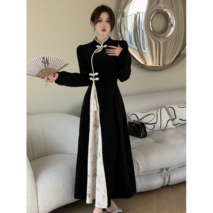 Women's Black Chinese-Inspired High-Waist Cheongsam Dress