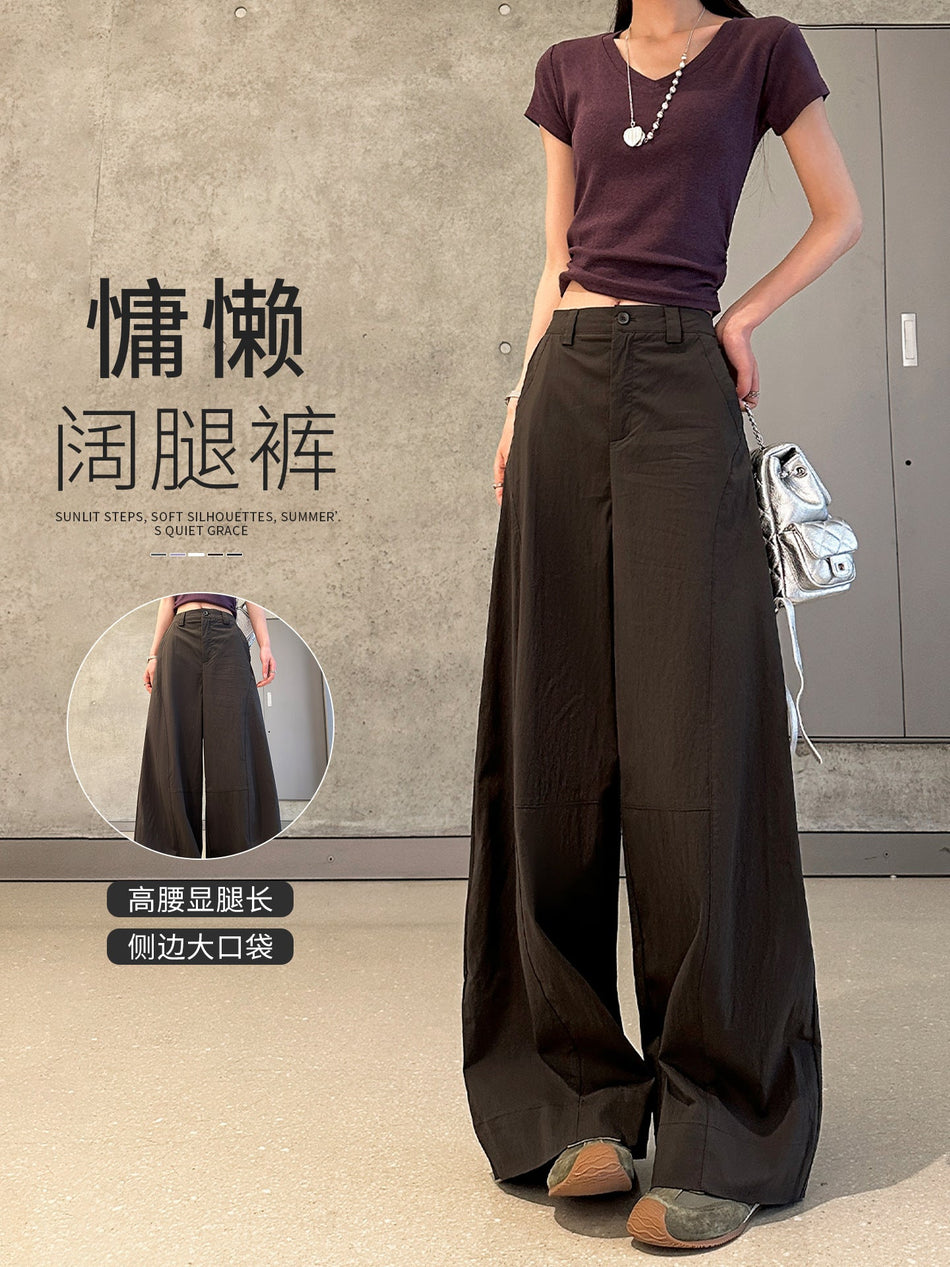 Women's High-Waist Straight-Leg Draped Cotton Casual Pants