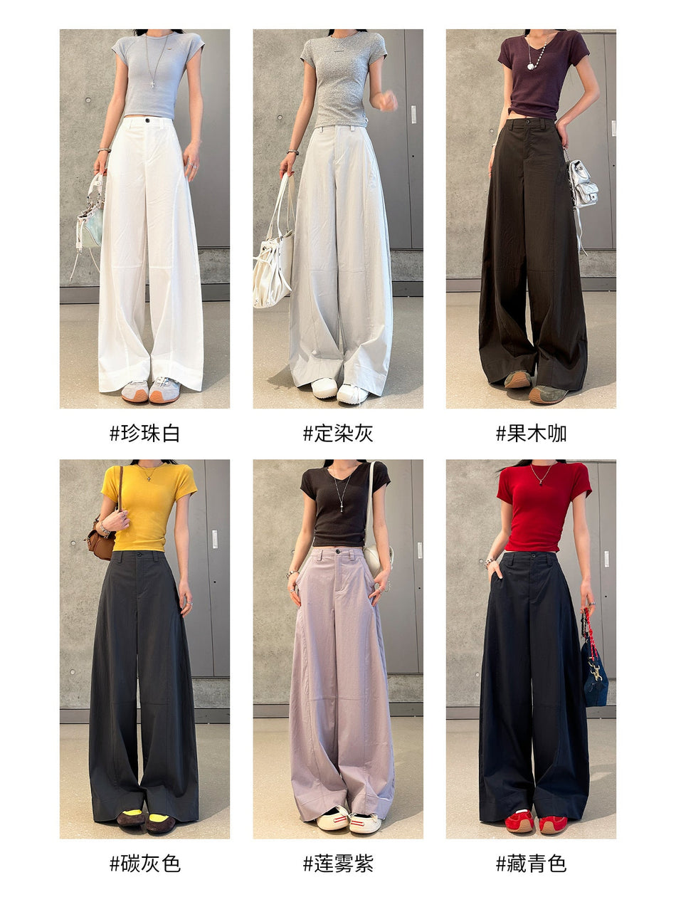 Women's High-Waist Straight-Leg Draped Cotton Casual Pants