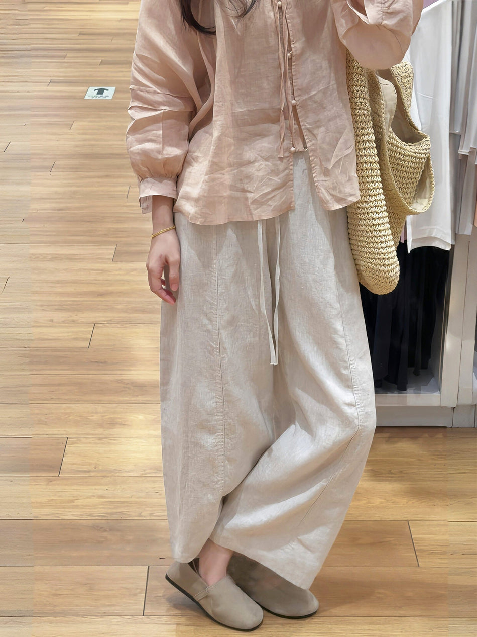 Women's High-Waist Linen Tencel Cropped Wide-Leg Pants