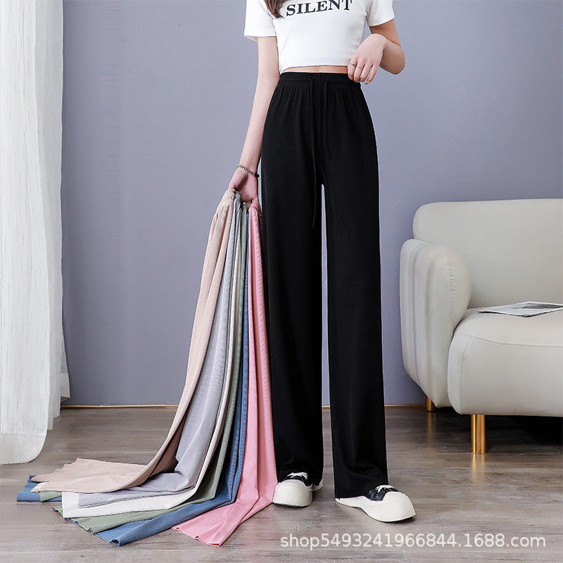 Women's High-Waist Ice Silk Wide-Leg Drawstring Pants