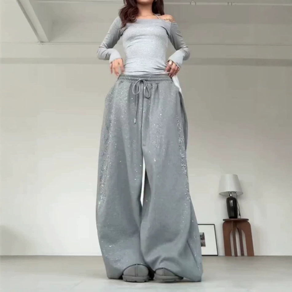 Women’s Rhinestone Wide-Leg Drawstring Sweatpants