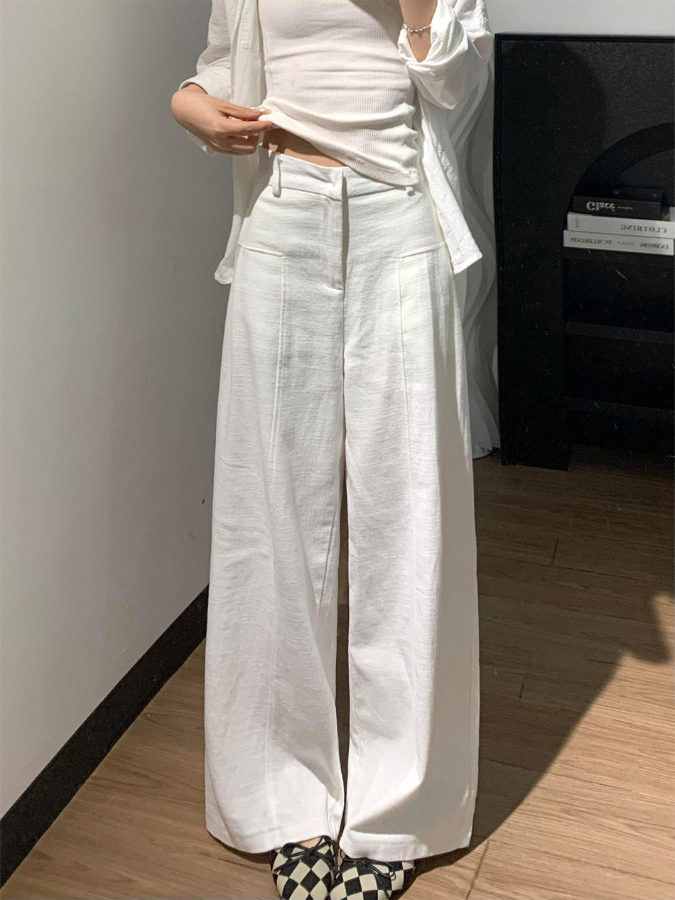 Women's White Linen High-Waisted Wide-Leg Pants