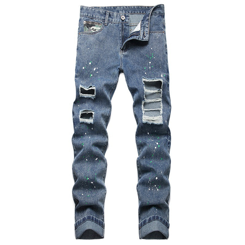 Men's Light Wash Ripped Skinny Jeans, Korean Scuffed Beggar