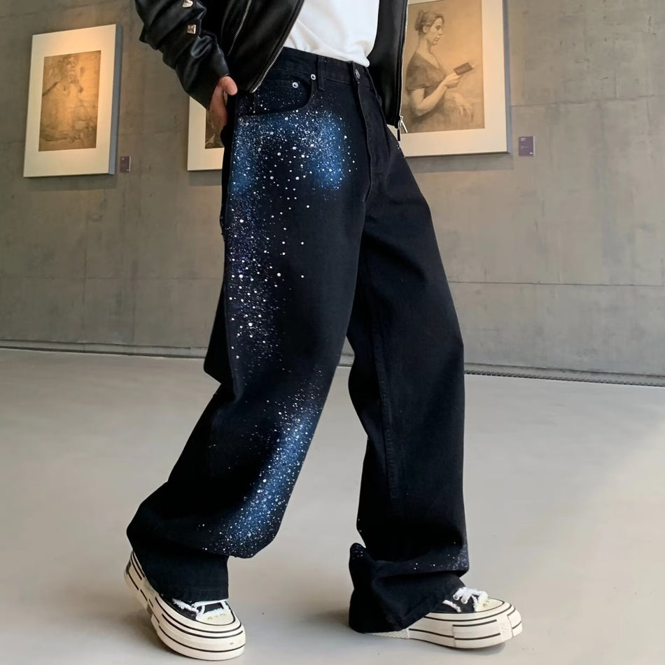 Men's Gradient Galaxy Rhinestone Jeans, American Retro Wide-Leg