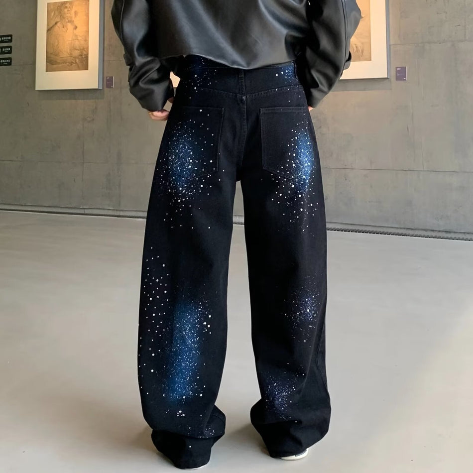 Men's Gradient Galaxy Rhinestone Jeans, American Retro Wide-Leg