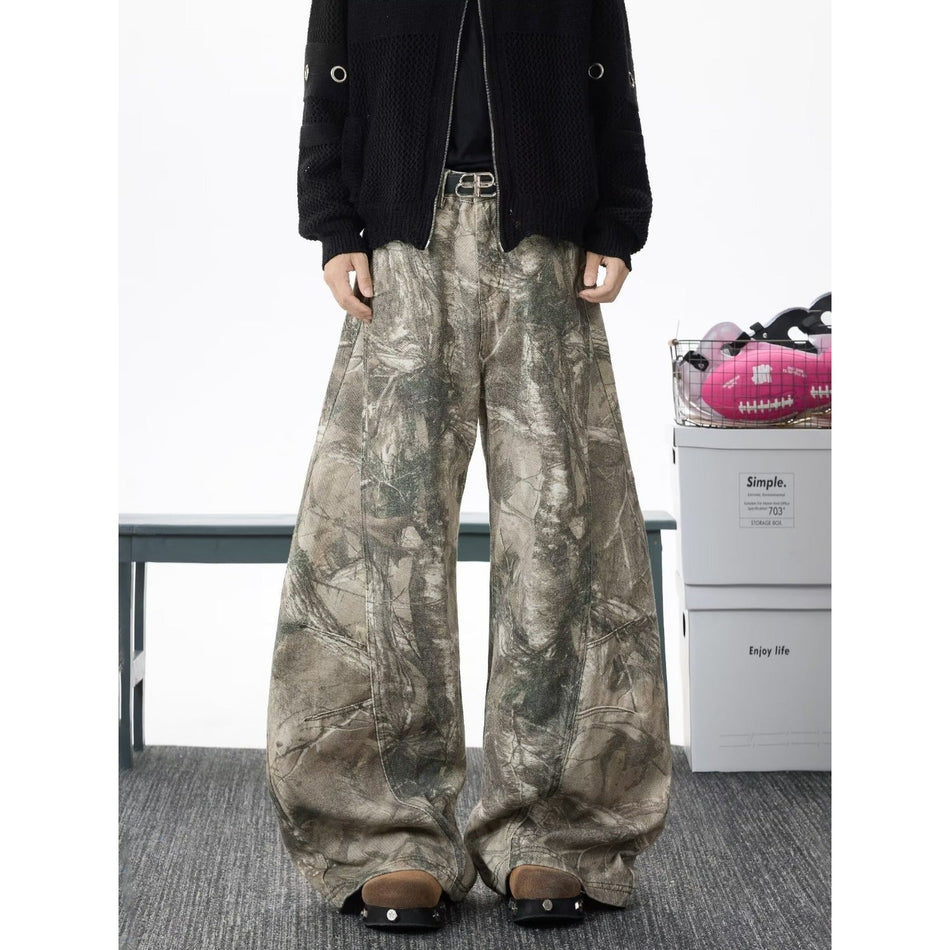 Men's Camouflage Branch Pattern Baggy Jeans, Vintage Distressed