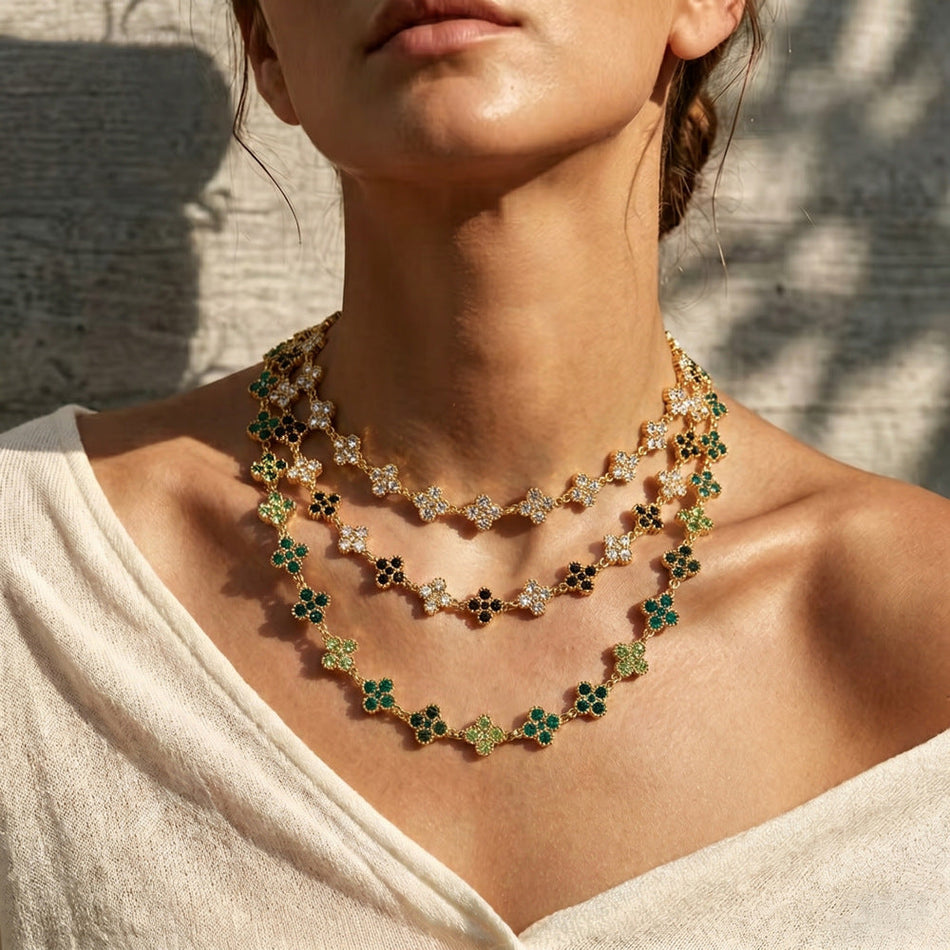 Colorful Diamond Stainless Steel Bracelet Necklace Set