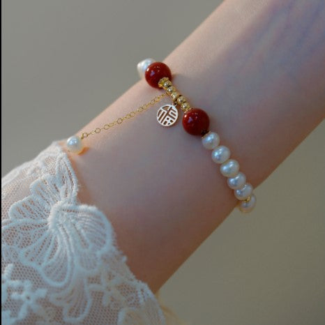 Freshwater Pearl and Red Agate Bracelet
