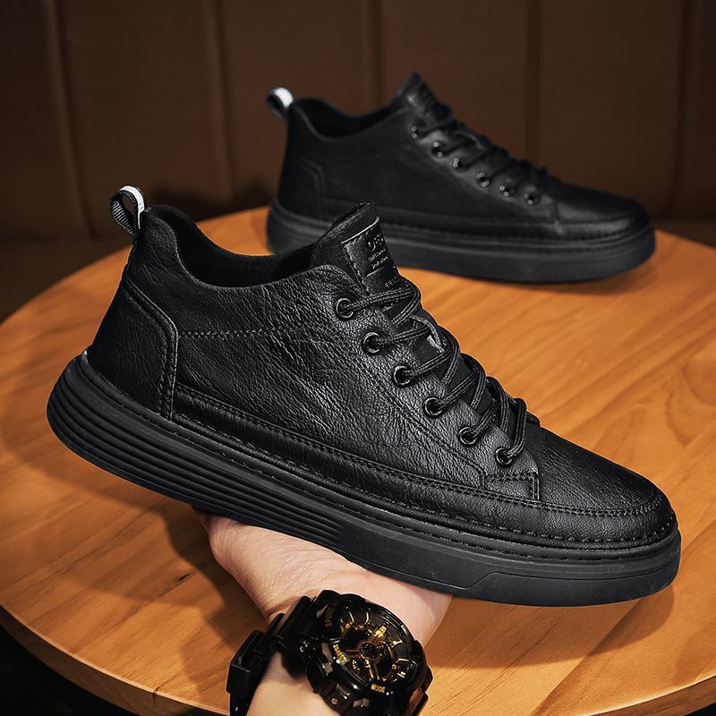 Men's Black British Leather Casual Shoes Spring Autumn Style