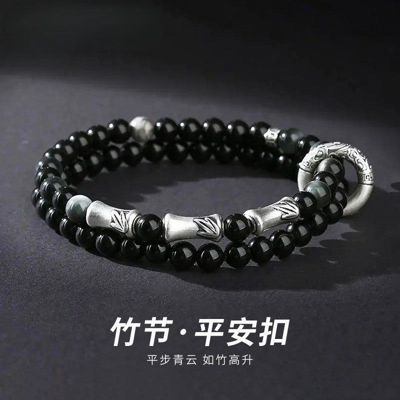 Silver-Plated Bamboo Obsidian Bracelet
