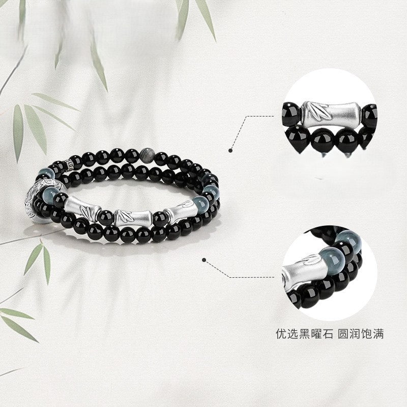 Silver-Plated Bamboo Obsidian Bracelet