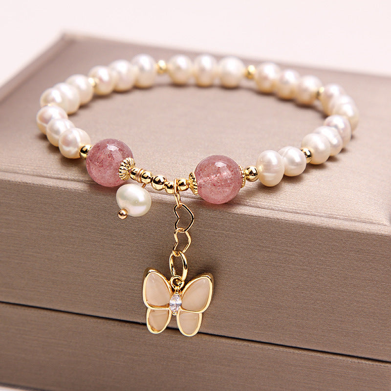 Freshwater Pearl Strawberry Crystal Butterfly Bracelet