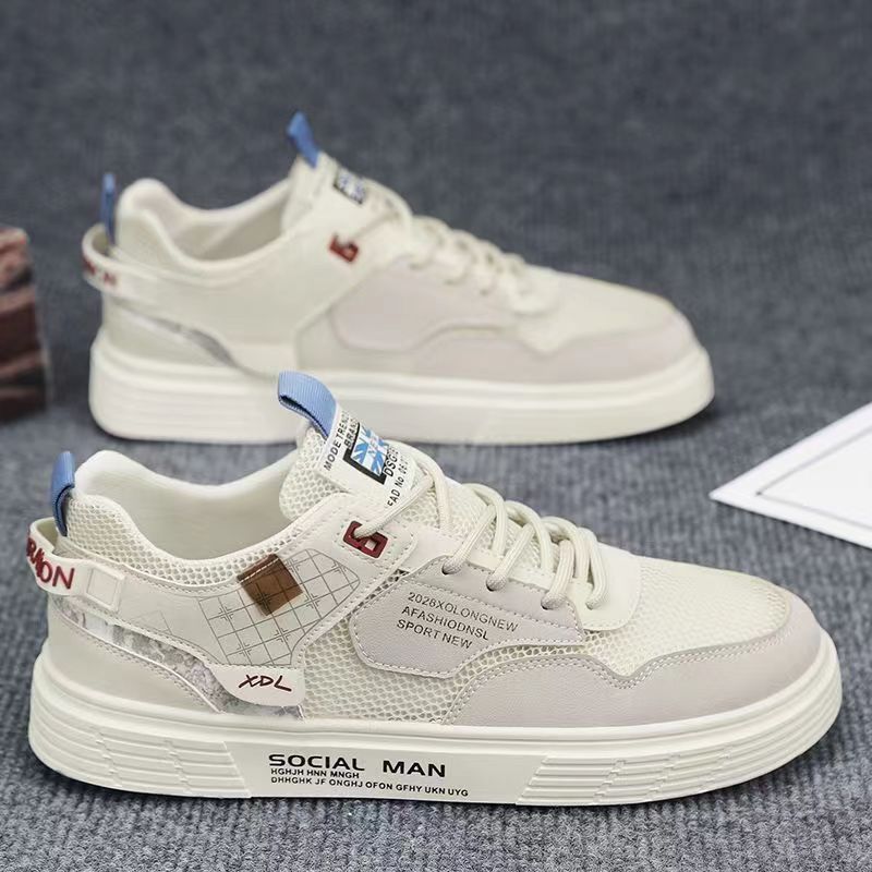 Men's White Canvas Low-Top Sneakers Mesh Sports Casual Shoes