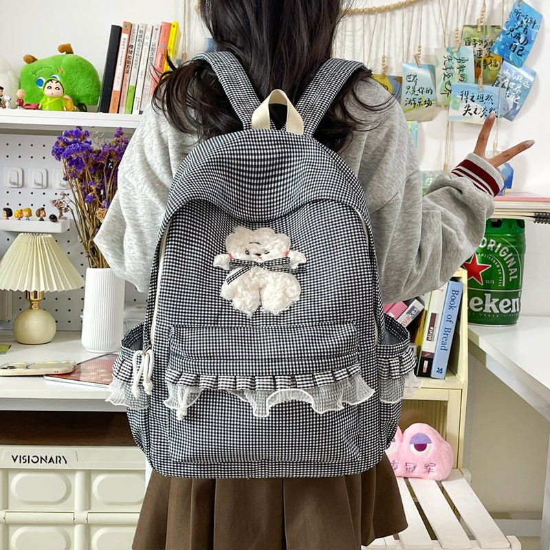 Girls' Plaid Nylon School Backpack with Bear Detail