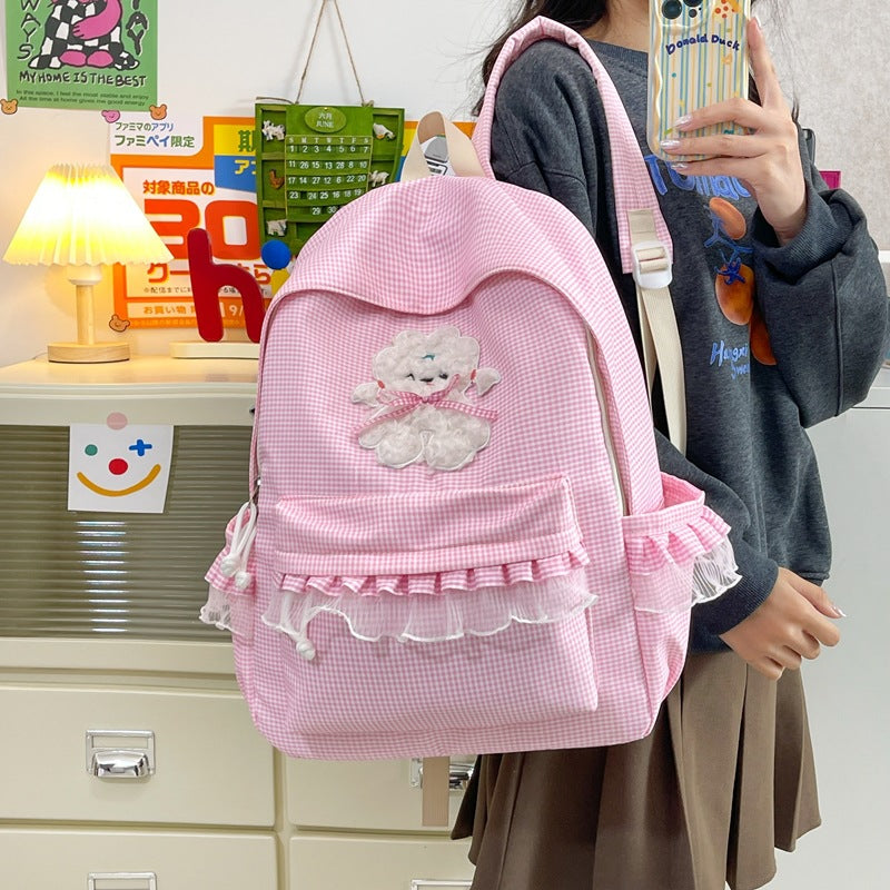 Girls' Plaid Nylon School Backpack with Bear Detail