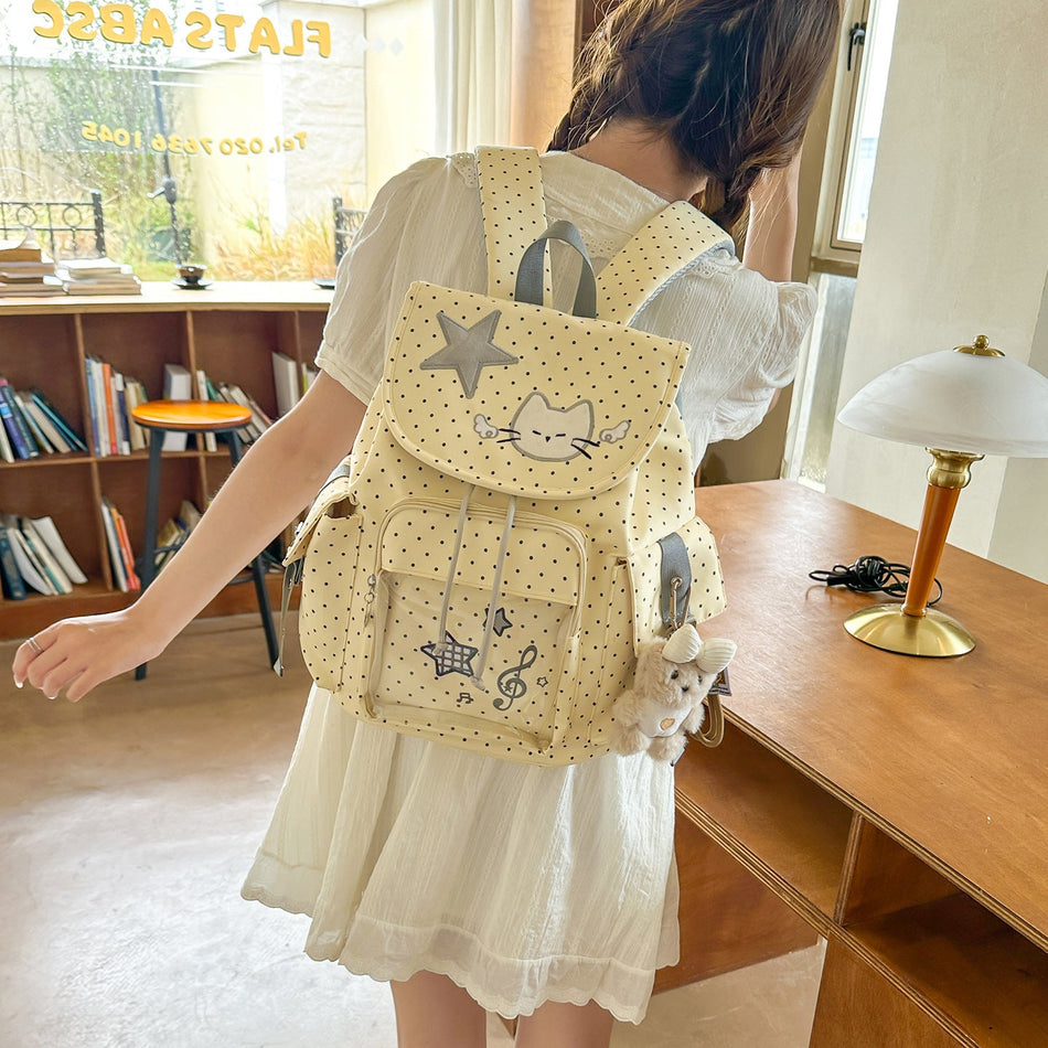 Japanese-Style Cartoon Cat Polka Dot Nylon Backpack for Girls