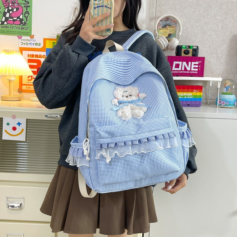 Cute Plaid Nylon School Backpack for Girls