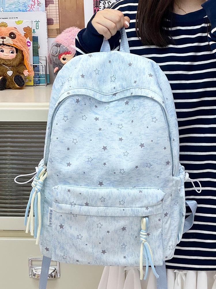 Cute Star Print Nylon Backpack for Junior High School Girls