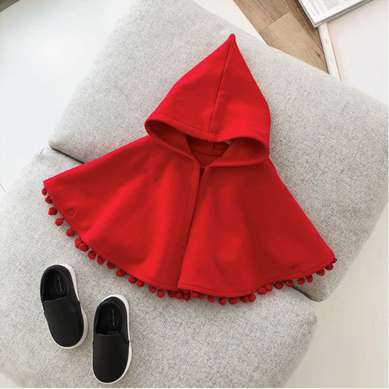 Girls' Red Fleece-Lined Hooded New Year Cloak Shawl