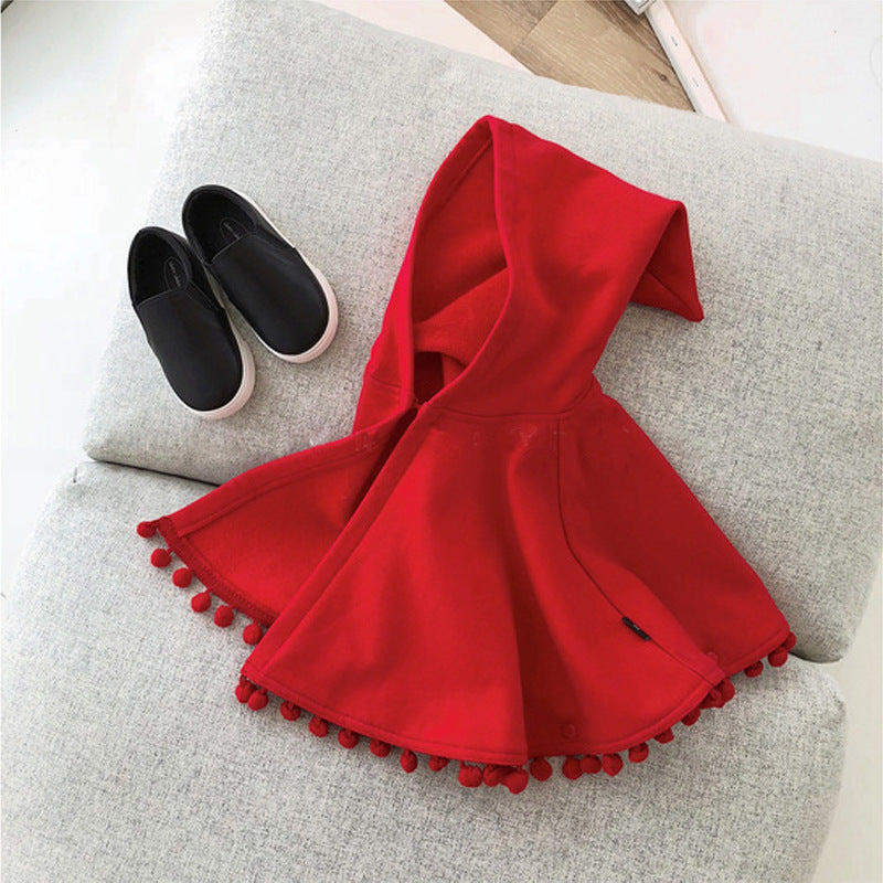 Girls' Red Fleece-Lined Hooded New Year Cloak Shawl