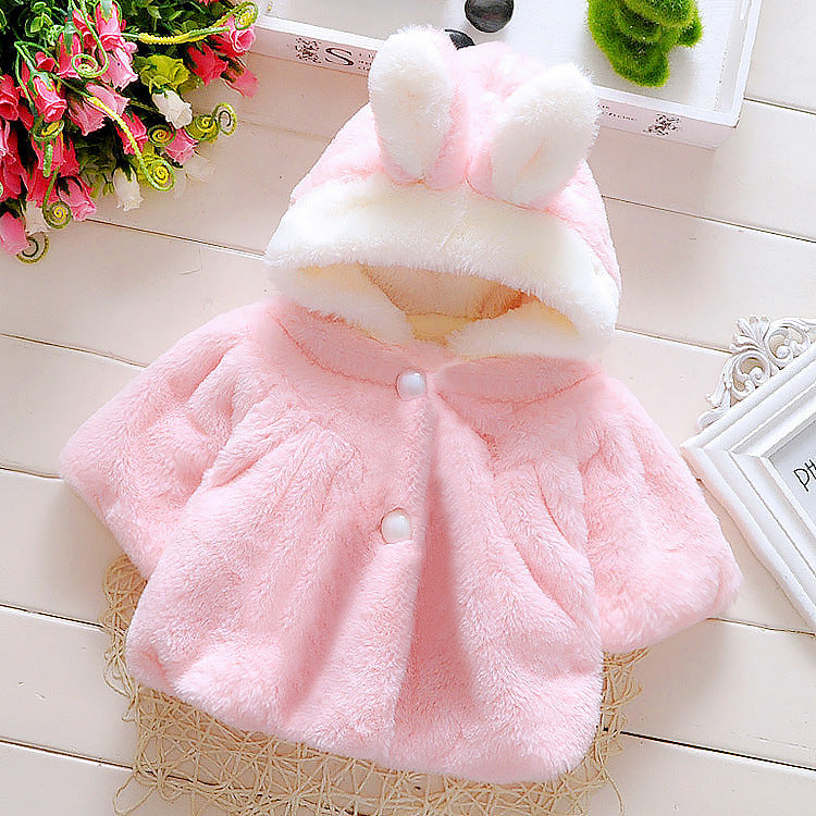 Baby Girls' Princess Two-Ball Faux Fur Hooded Shawl Cloak