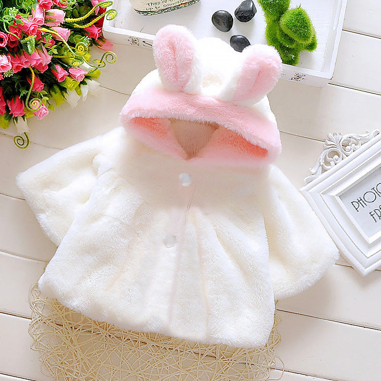 Baby Girls' Princess Two-Ball Faux Fur Hooded Shawl Cloak