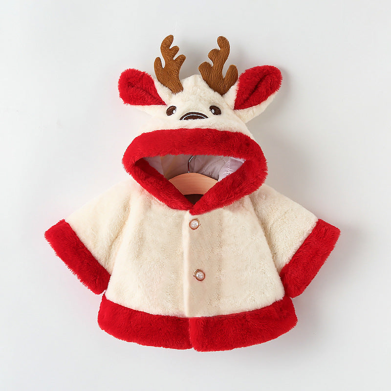Small Antler Hooded Winter Faux Fur Cloak Coat