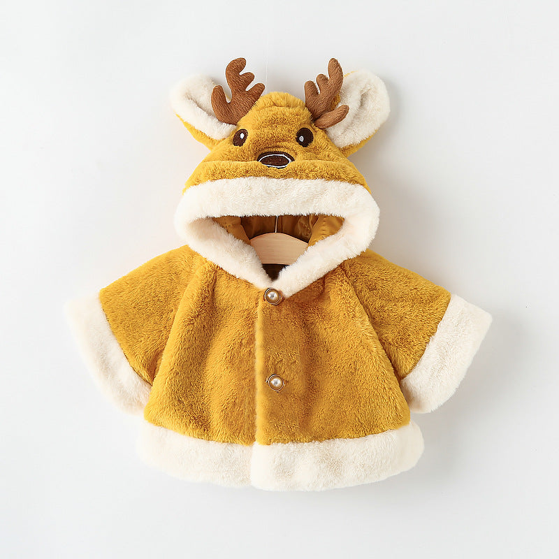 Small Antler Hooded Winter Faux Fur Cloak Coat