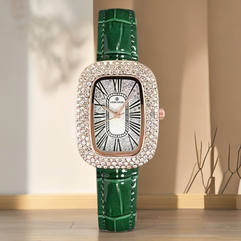 Small Green Rectangle Watch with Genuine Leather Strap
