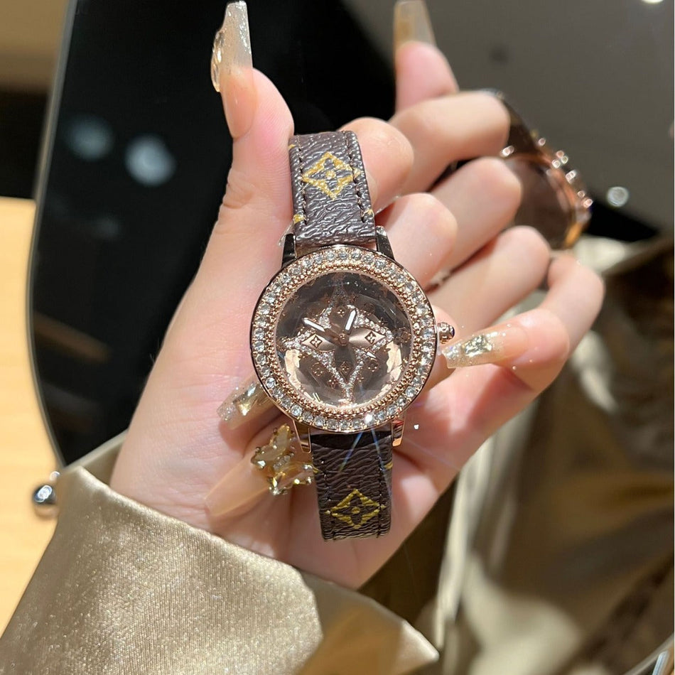 Diamond Detail Leather Strap Quartz Watch for Women
