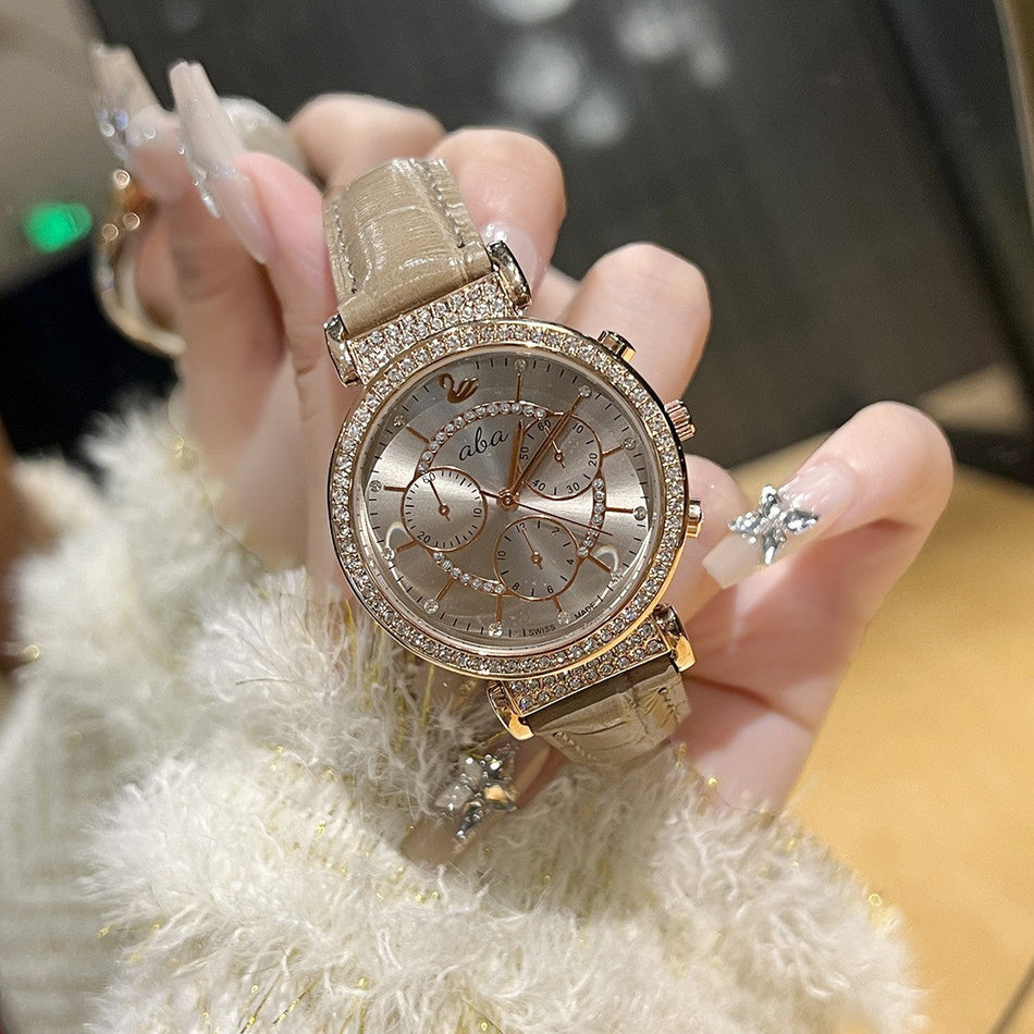 Diamond Detail Three-Eye Quartz Watch with Leather Strap