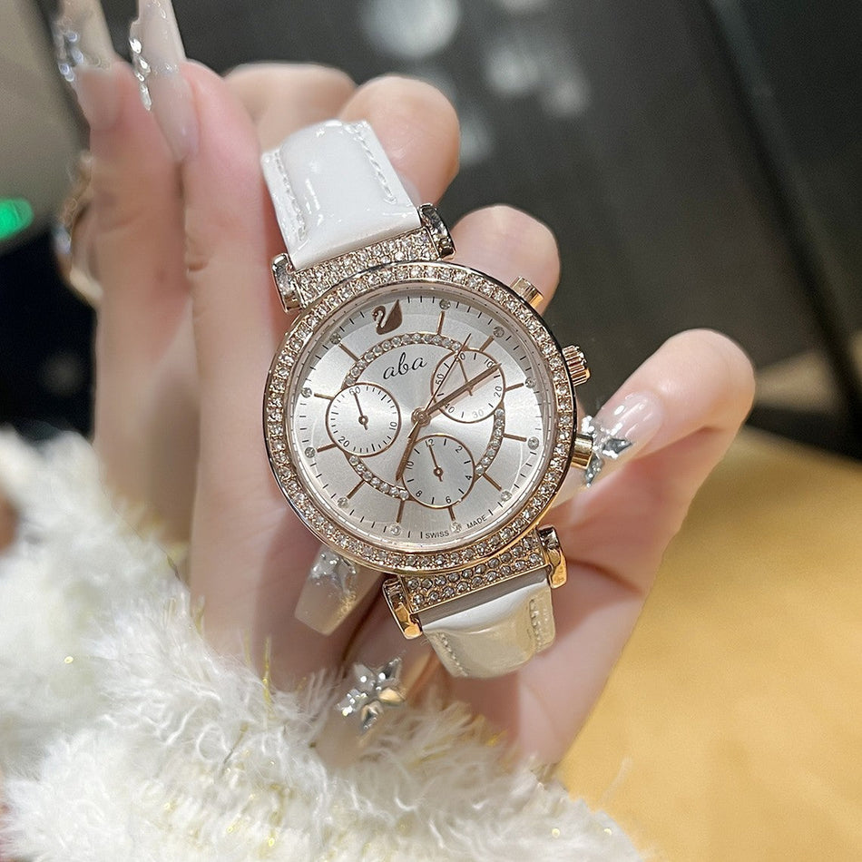 Diamond Detail Three-Eye Quartz Watch with Leather Strap