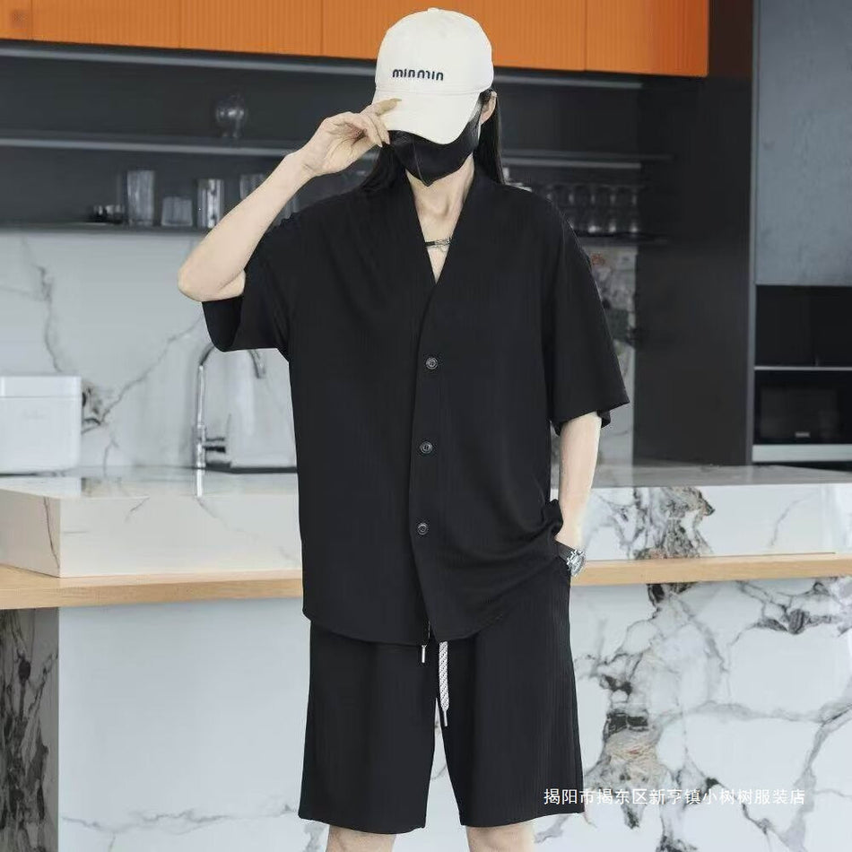 Men's Lightweight Ice Silk V-Neck Set