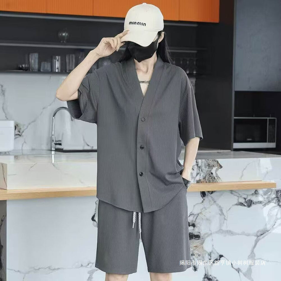Men's Lightweight Ice Silk V-Neck Set