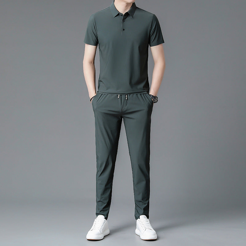 Men's Ice Silk Lapel T-Shirt and Trousers Set