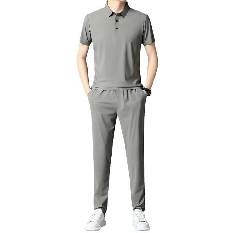 Men's Ice Silk Lapel T-Shirt and Trousers Set