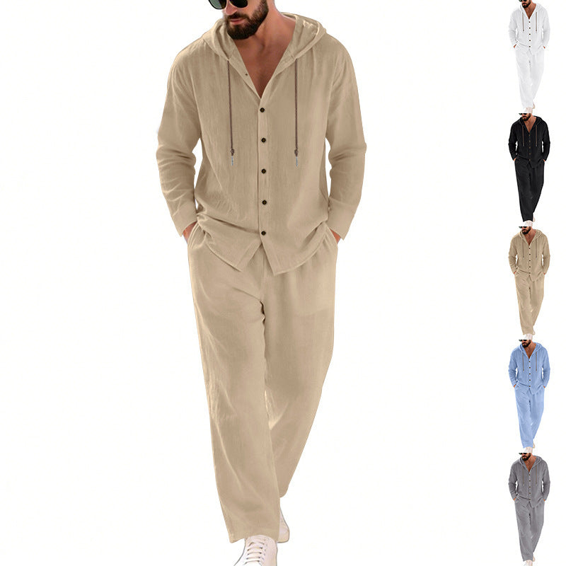 Men's Linen Hooded Shirt and Trousers Set