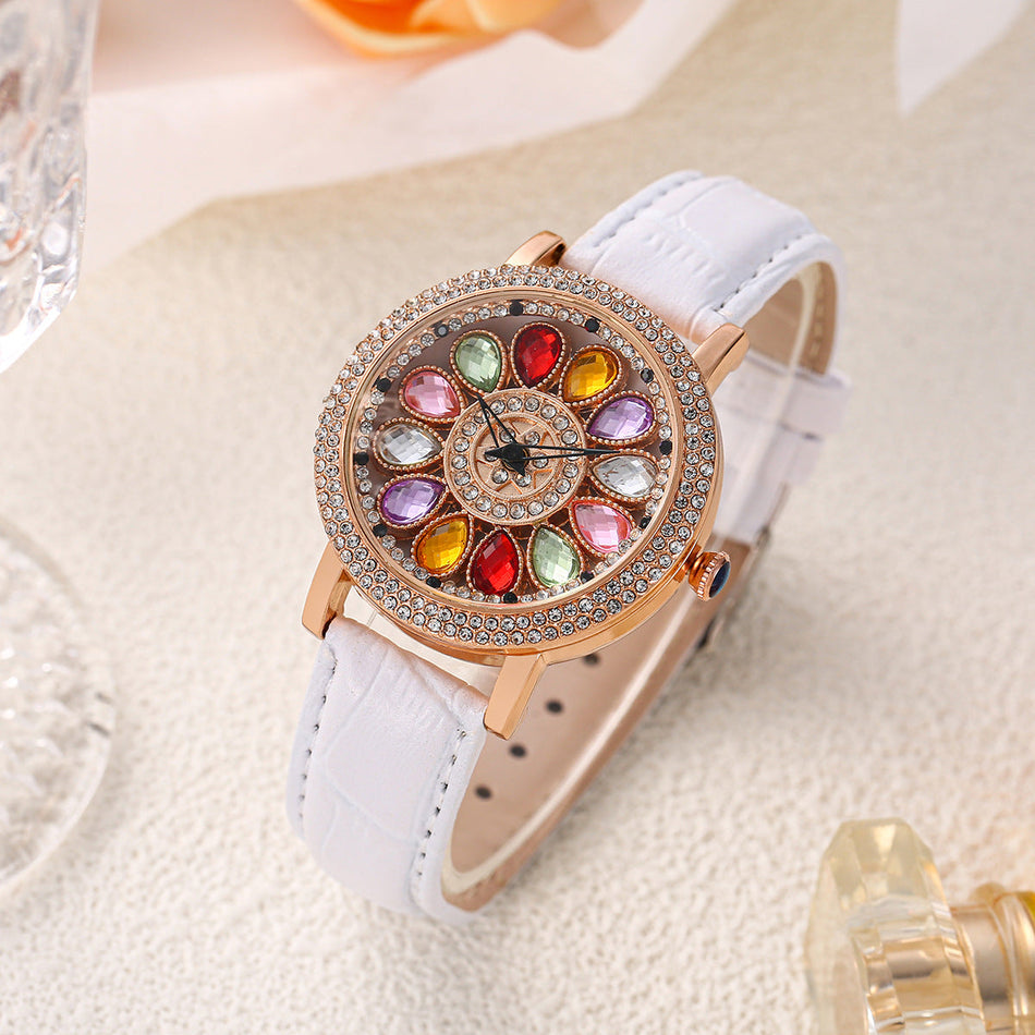 Starry Rhinestone Rotating Watch with Leather-Style Strap