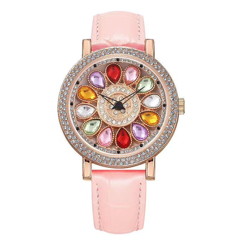 Starry Rhinestone Rotating Watch with Leather-Style Strap